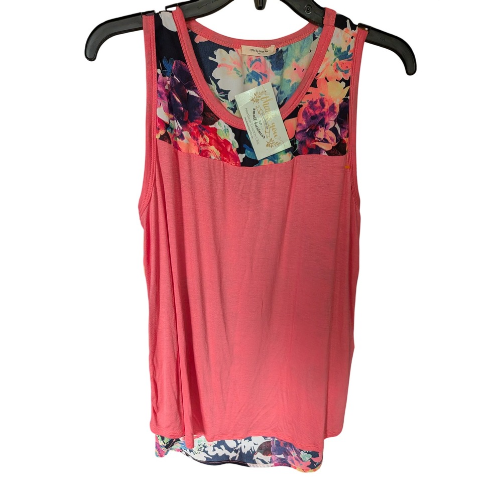 12PM by Mon‎ Ami Coral Floral Mixed Media Scoop Neck Tank Top NWT Women Small